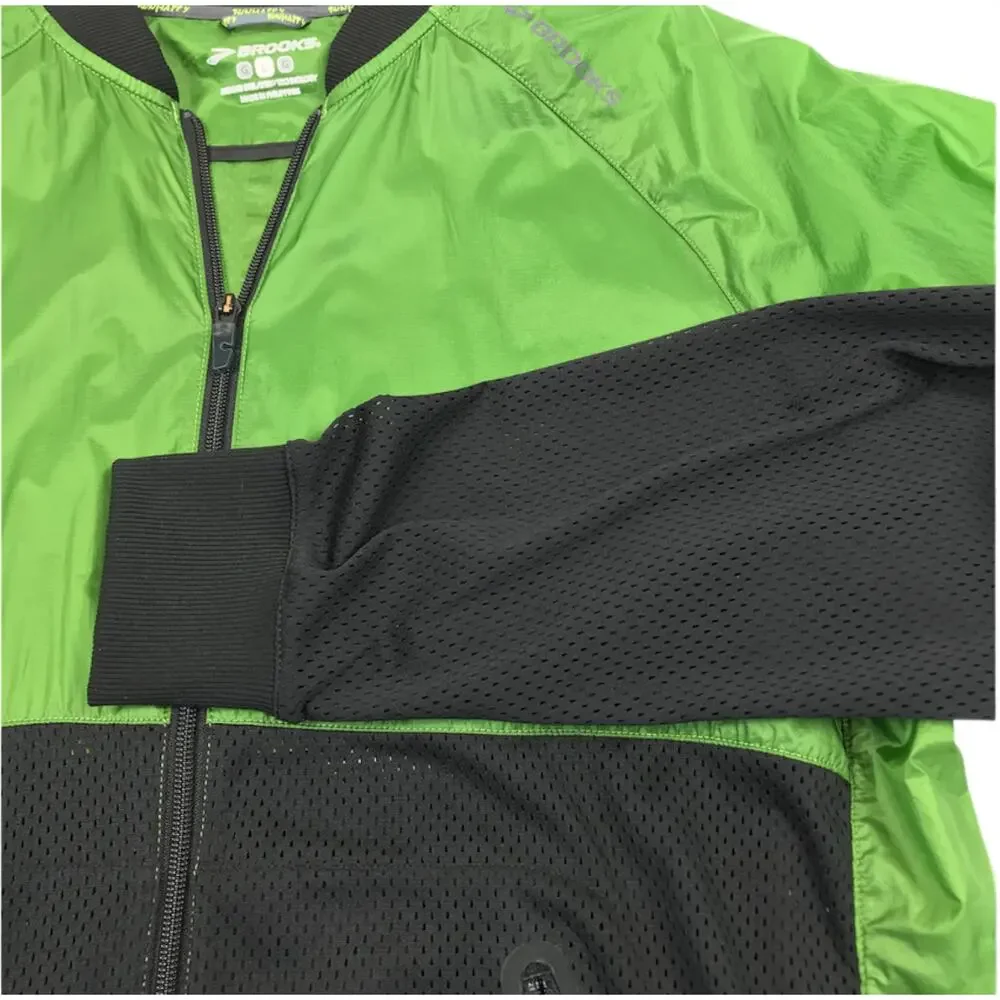 BROOKS Run-Thru Nylon Mesh Colorblock Packable Jacket Sz L Green Black Outdoor